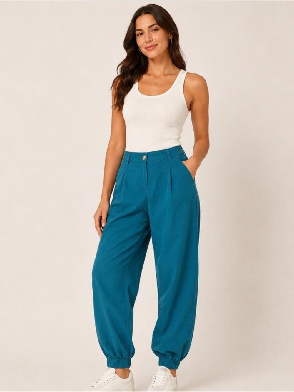 NWT Halara High Waist Pleated Cotton Jogger Pants Teal Blue Elastic Cuff. Sz XL
